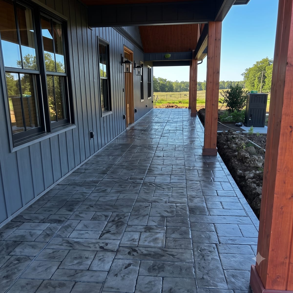 Stamped ashlar slate concrete porch with charcoal antiquing in Upstate SC